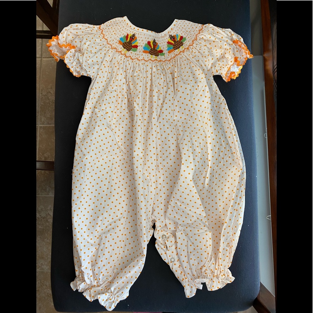 NWOT Nola Smocked Turkey Romper/ Long Bubble